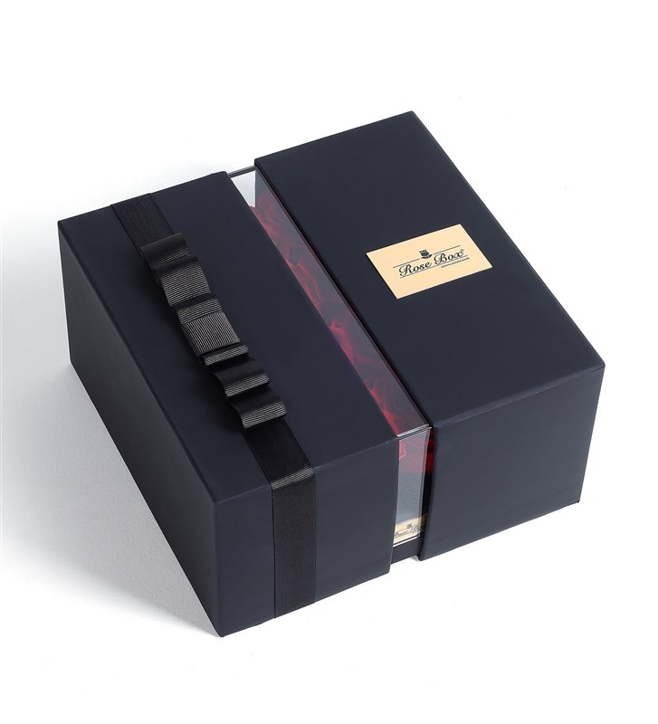 9 Red Everlasting Roses in a Black Glass Box