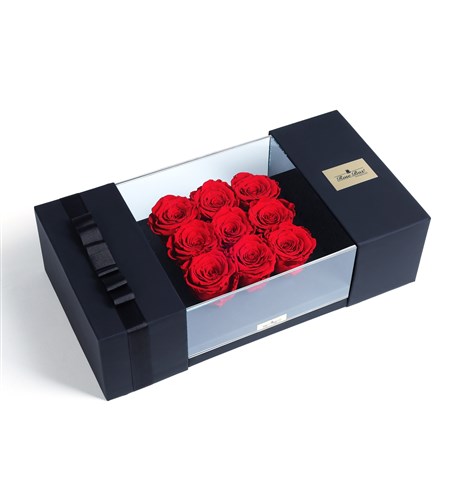 9 Red Everlasting Roses in a Black Glass Box