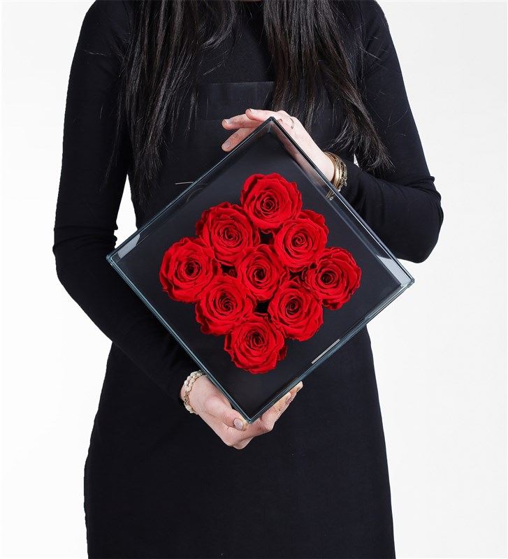 9 Red Everlasting Roses in a Black Glass Box