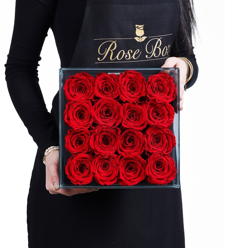 16 Red Everlasting Roses in a Black Glass Box