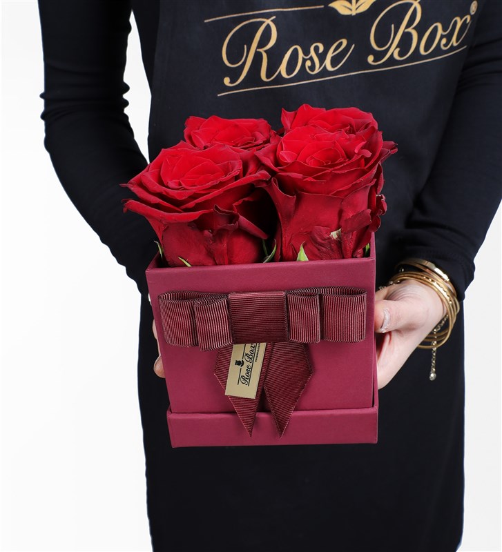 Four Red Ecuadorian Roses in a Burgundy Box