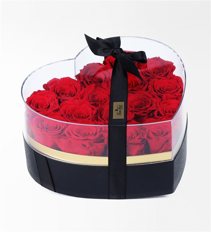 16 Red Everlasting Roses in a Heart-Shaped Plexiglass Box