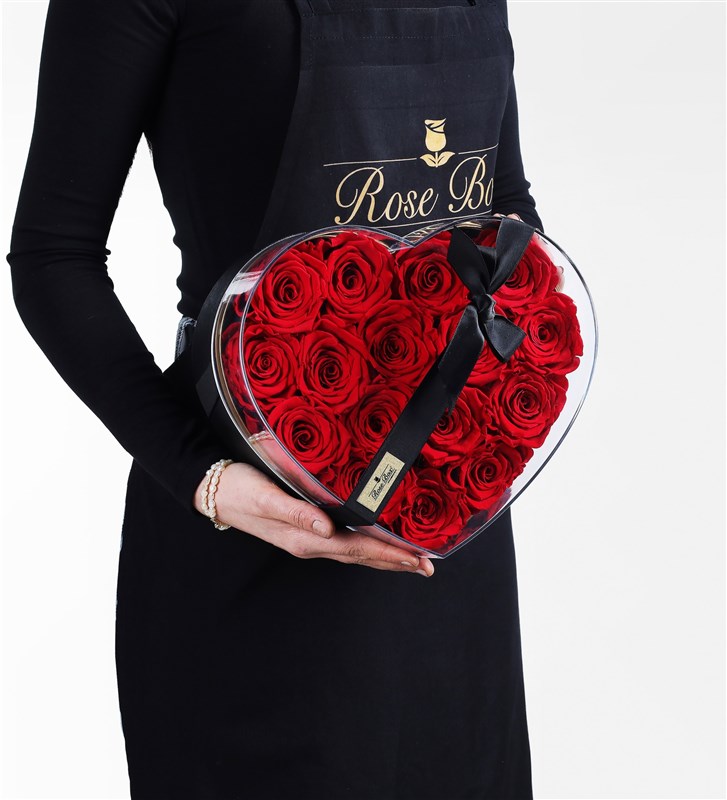 16 Red Everlasting Roses in a Heart-Shaped Plexiglass Box