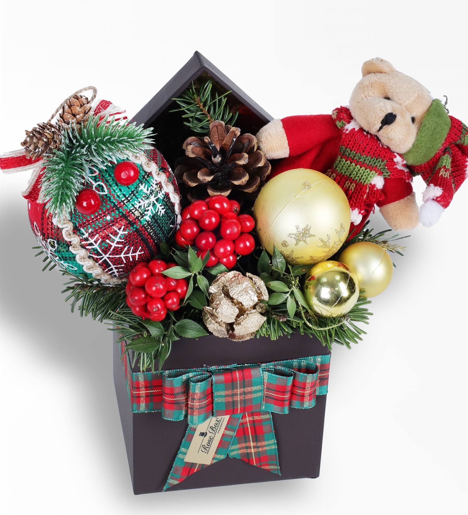 Kokina, Ekoseli Süsler Ve Noel Baba Ayıcıklı Yılbaşı Aranjmanı