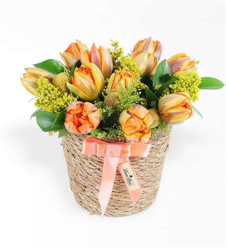 Orange Tulip Arrangement in a Wicker Basket