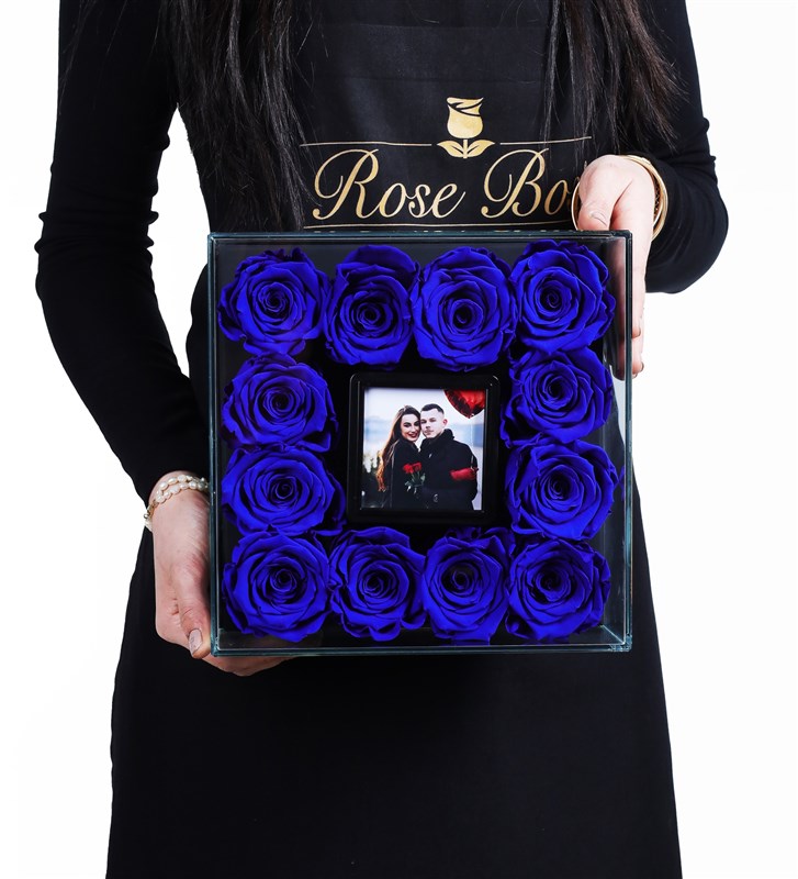 12 Blue Everlasting Roses in a Personalized Glass Box with Photo