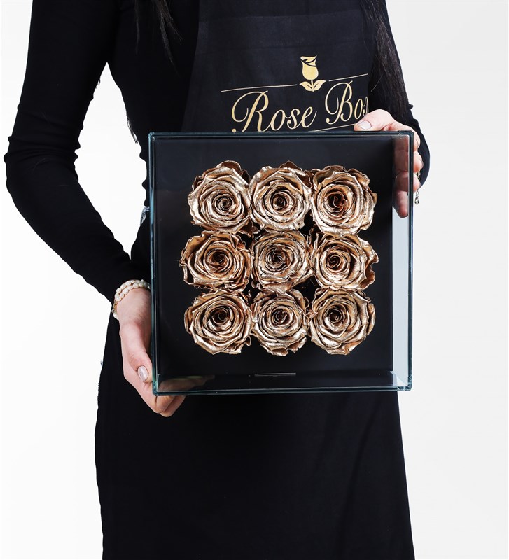 9 Gold Everlasting Roses in a Black Glass Box