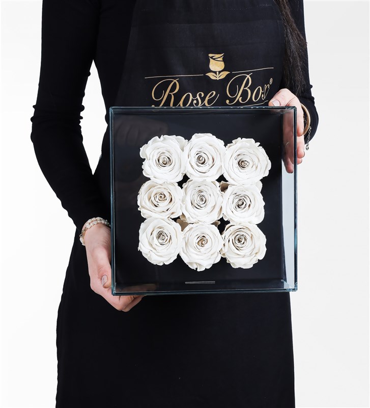 9 White Everlasting Roses in a Black Glass Box