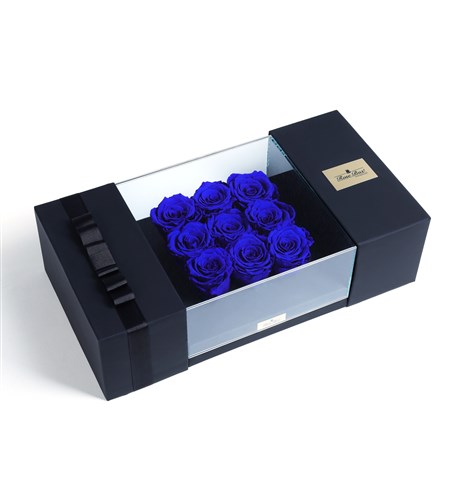 9 Blue Everlasting Roses in a Black Glass Box
