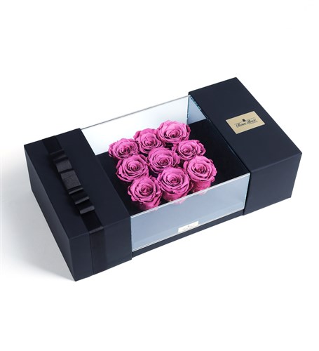 9 Pink Everlasting Roses in a Black Glass Box