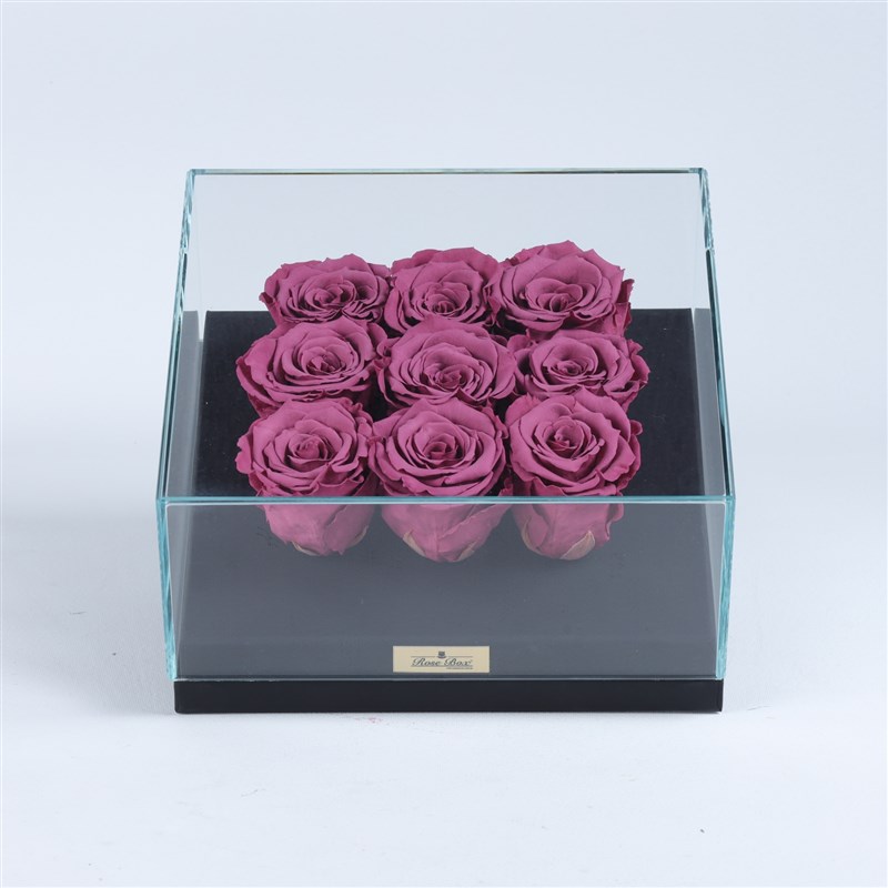 9 Pink Everlasting Roses in a Black Glass Box
