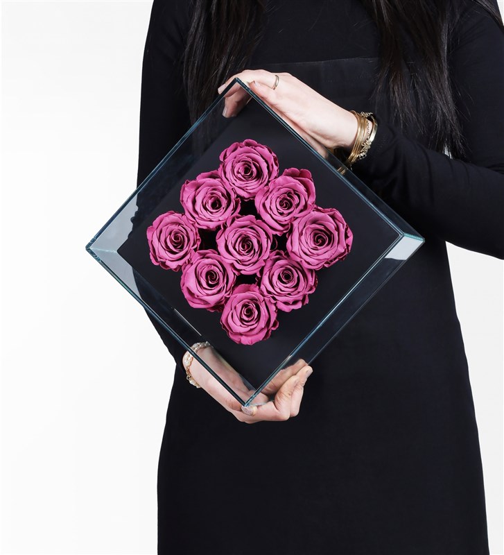 9 Pink Everlasting Roses in a Black Glass Box