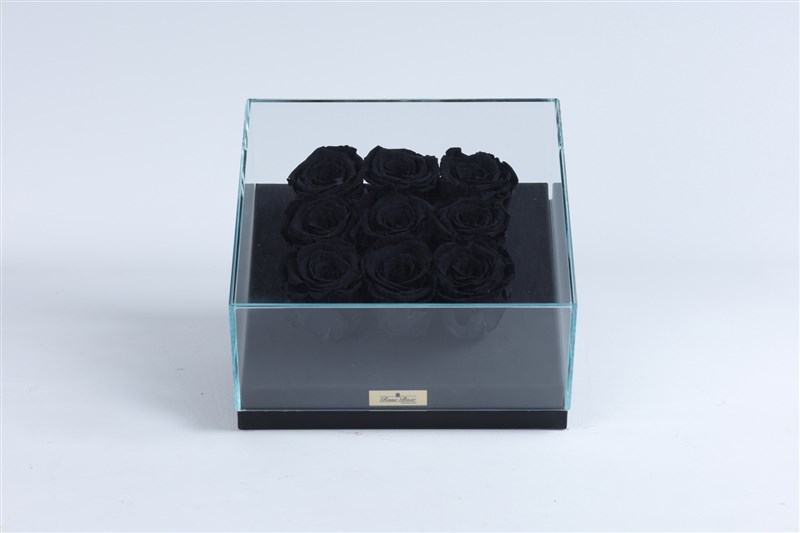 9 Black Everlasting Roses in a Black Glass Box
