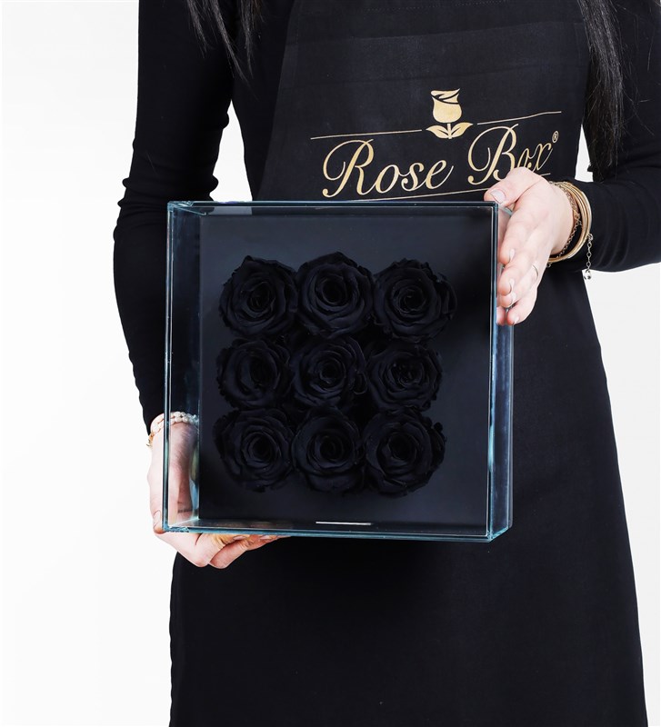 9 Black Everlasting Roses in a Black Glass Box