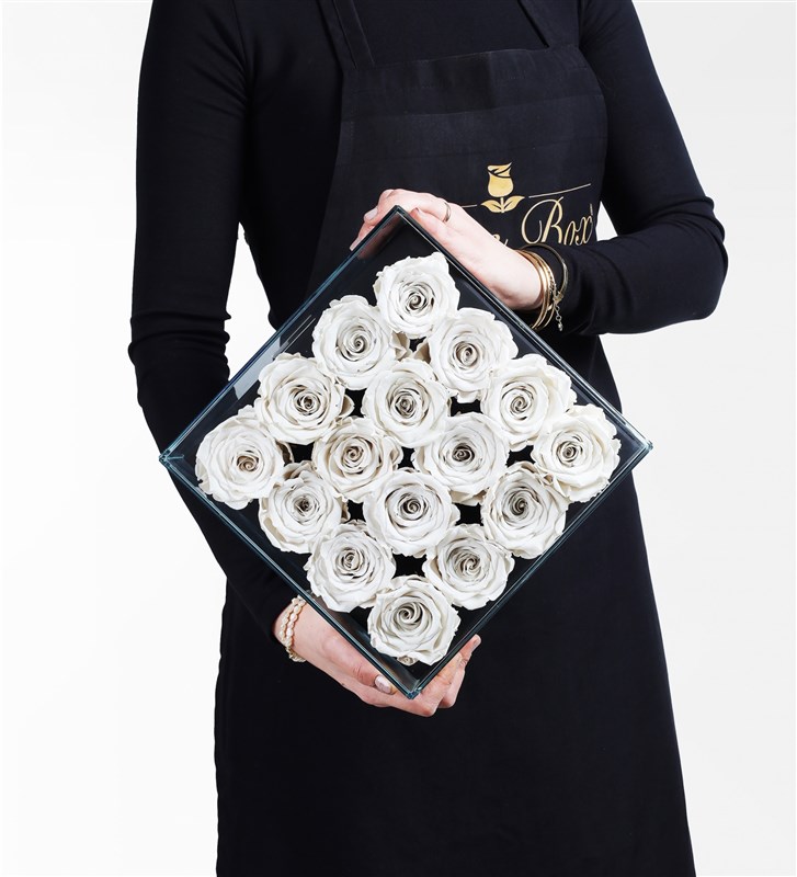 16 White Everlasting Roses in a Black Glass Box