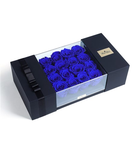 16 Blue Everlasting Roses in a Black Glass Box
