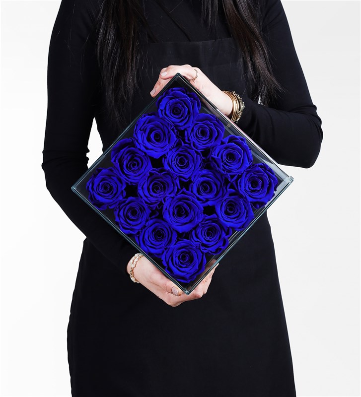 16 Blue Everlasting Roses in a Black Glass Box