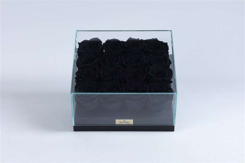 16 Black Everlasting Roses in a Black Glass Box