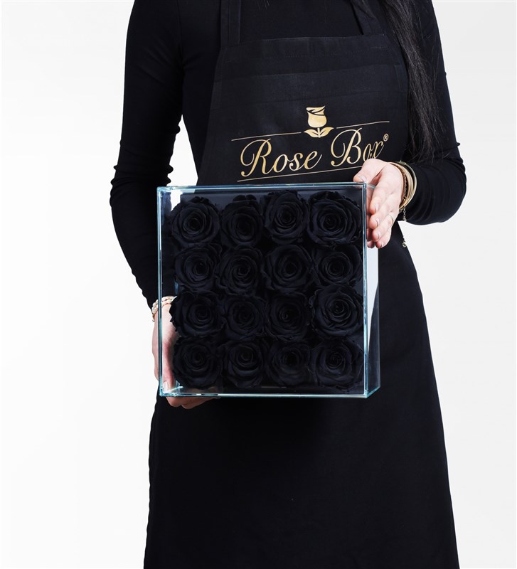 16 Black Everlasting Roses in a Black Glass Box
