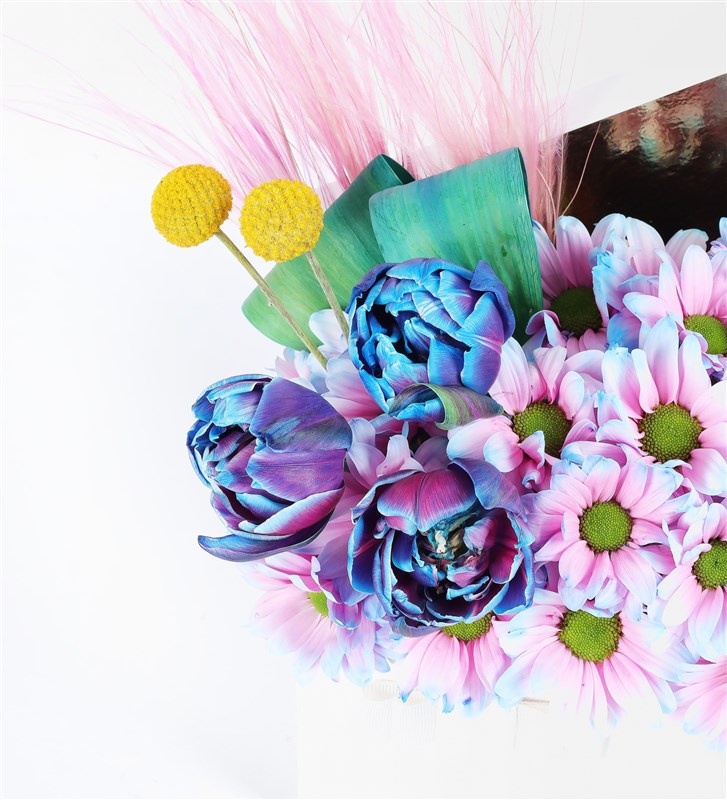 Rainbow Blue Daisy and Galaxy Blue Tulip Arrangement