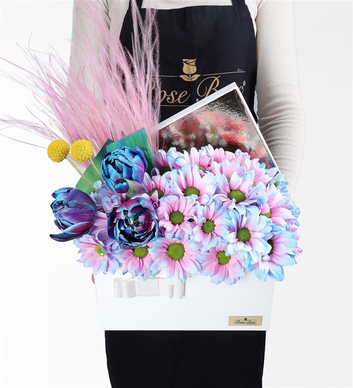 Rainbow Blue Daisy and Galaxy Blue Tulip Arrangement