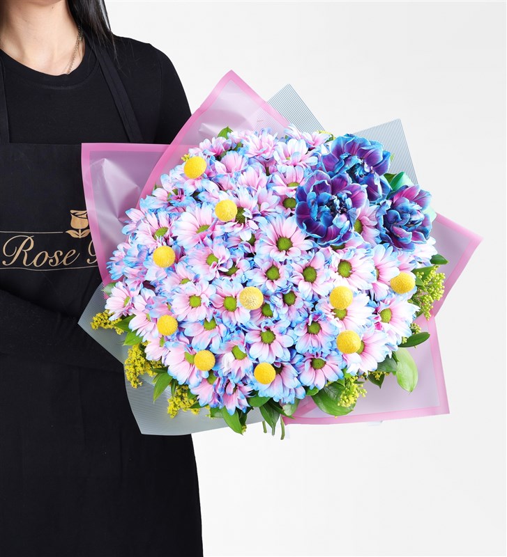 Giant Blue Daisy and Tulip Bouquet