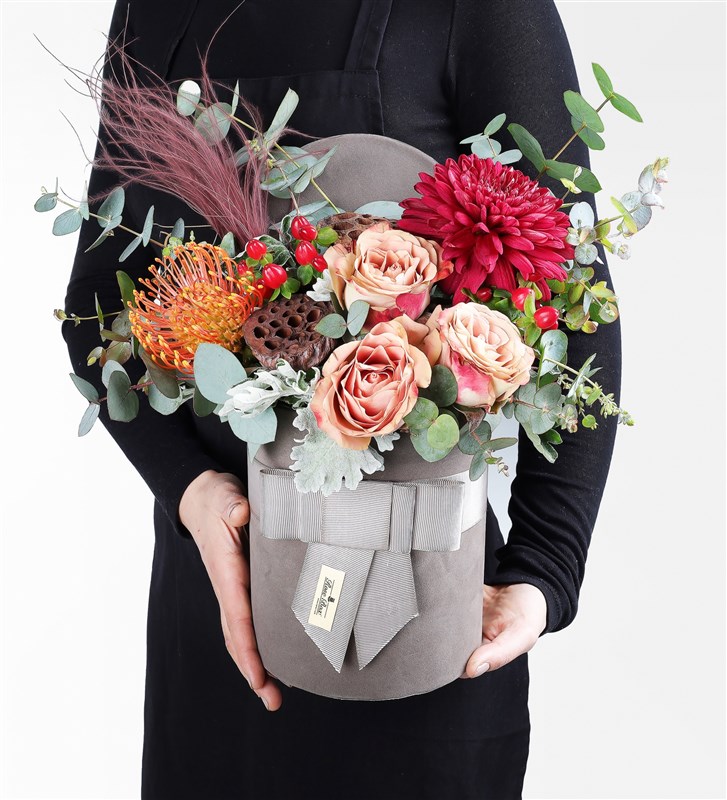 Cappuccino Roses and Anastasia Mixed Flower Arrangement in a Grey Velvet Box