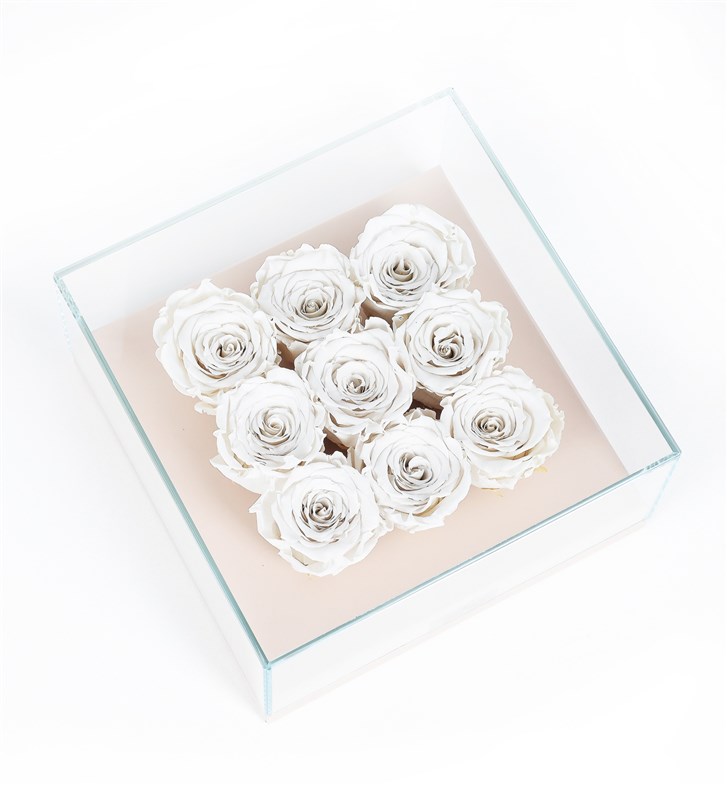 9 White Everlasting Roses in a Beige Box