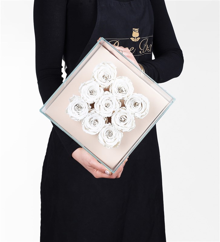 9 White Everlasting Roses in a Beige Box
