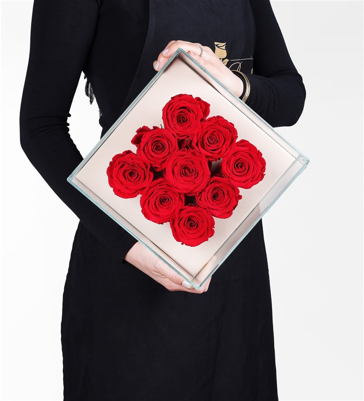 9 Red Everlasting Roses in a Beige Box
