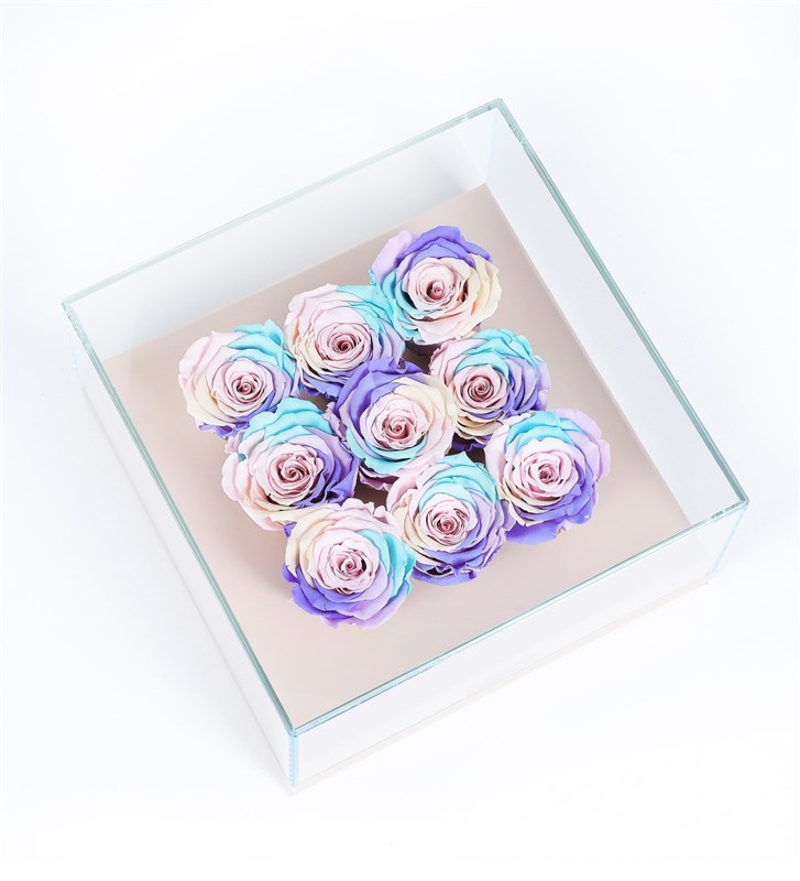 9 Powder Rainbow Everlasting Roses in a Beige Box