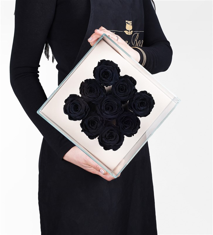 9 Black Everlasting Roses in a Beige Box