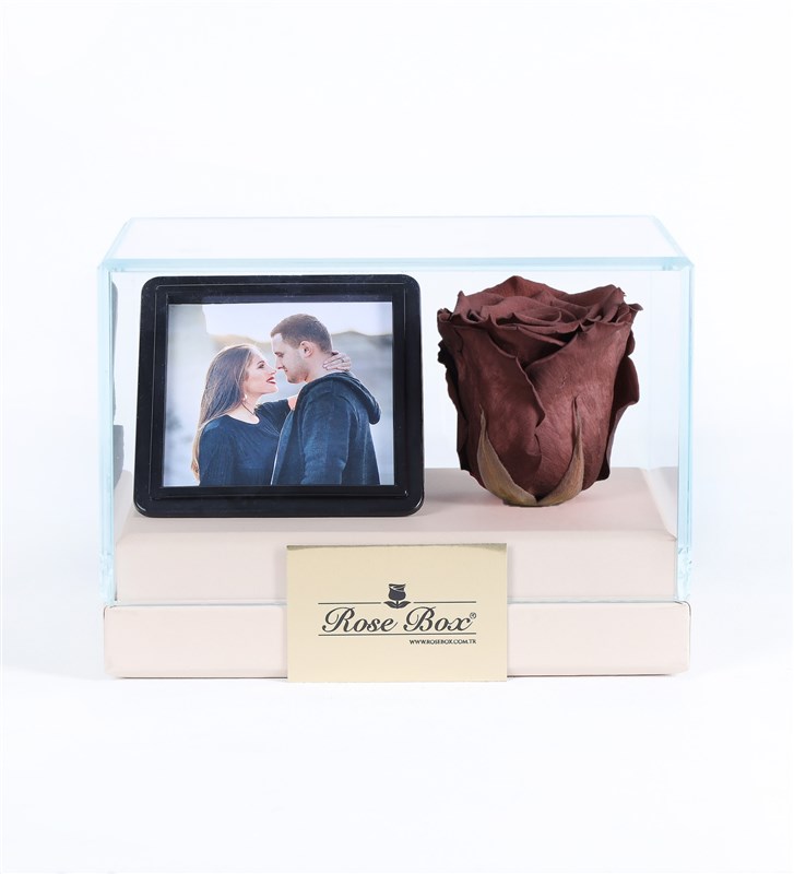 Personalized Glass Box with Photo, 1 Cafe Mocha, Everlasting Rose