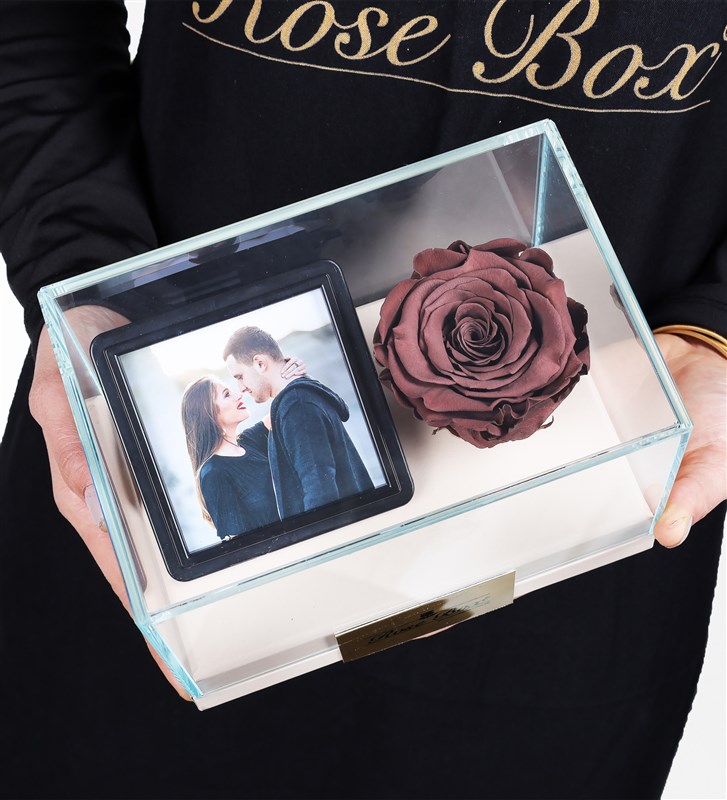 Personalized Glass Box with Photo, 1 Cafe Mocha, Everlasting Rose