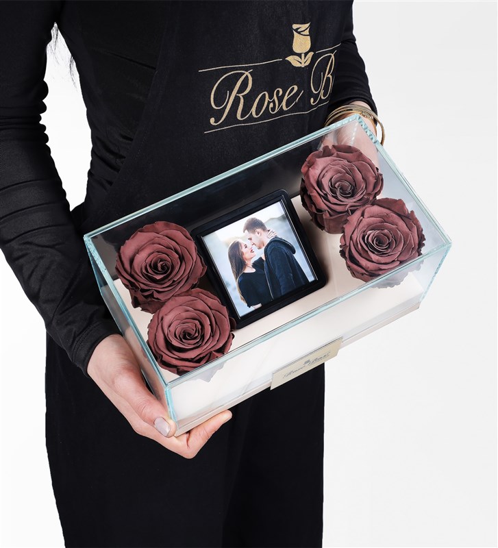 Personalized Glass Box with Photo, 4 Cafe Mocha Brown Everlasting Roses