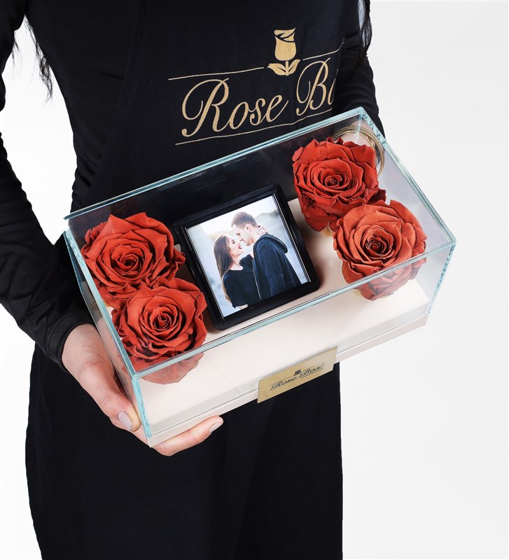 Four Caramel Everlasting Roses in a Personalized Glass Box with Photo