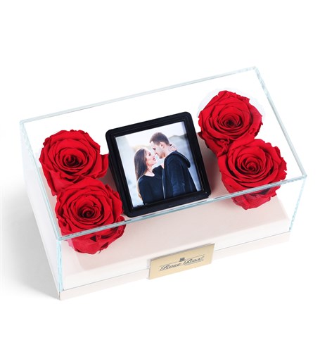 Four Red Everlasting Roses in a Personalized Glass Box with Photo