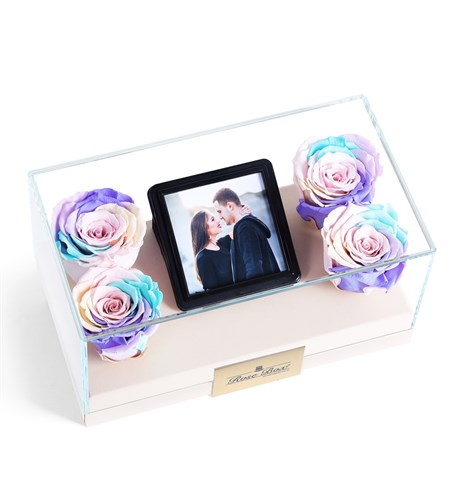 4 Personalized Rainbow Powder Roses in a Glass Box with Photo