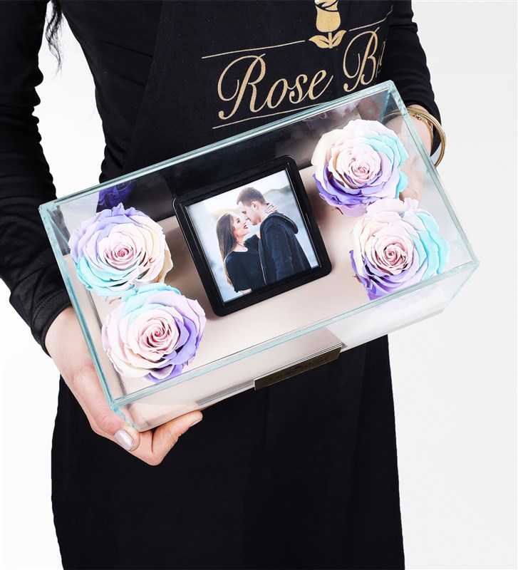 4 Personalized Rainbow Powder Roses in a Glass Box with Photo