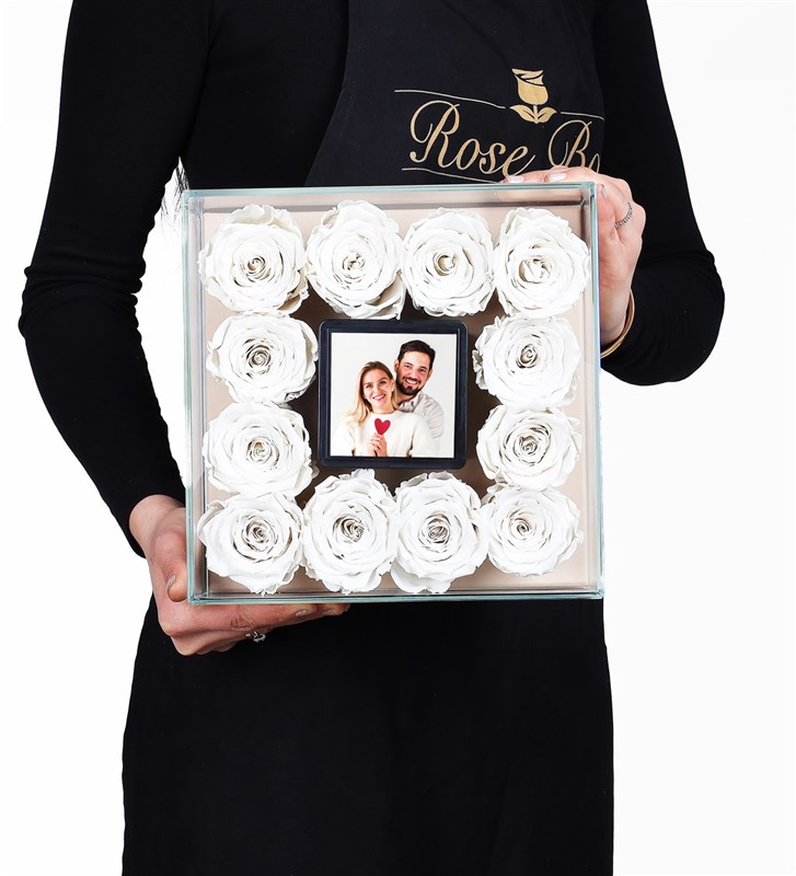 12 White Everlasting Roses in a Personalized Glass Box with Photo