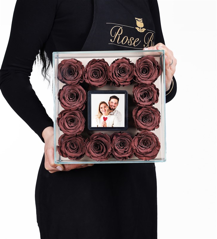 Personalized Glass Box with Photo, 12 Cafe Mocha Brown Everlasting Roses