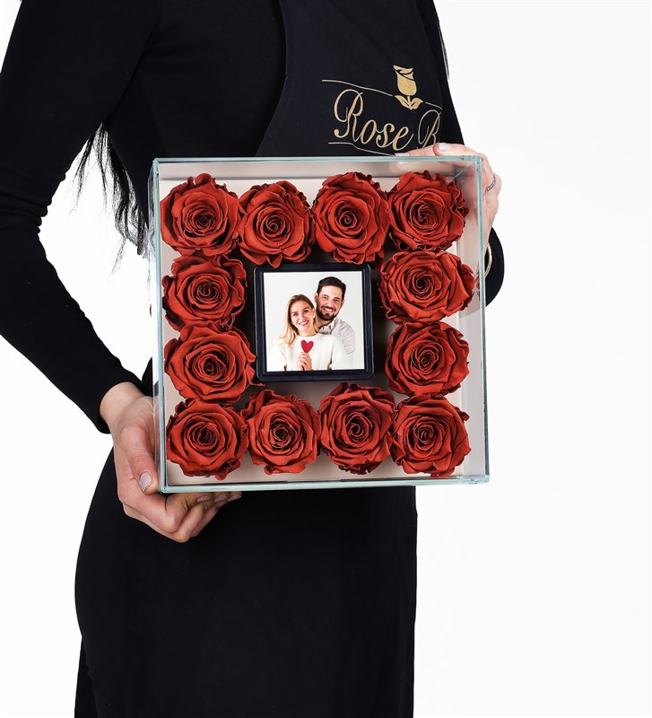 12 Caramel Everlasting Roses in a Personalized Glass Box with Photo