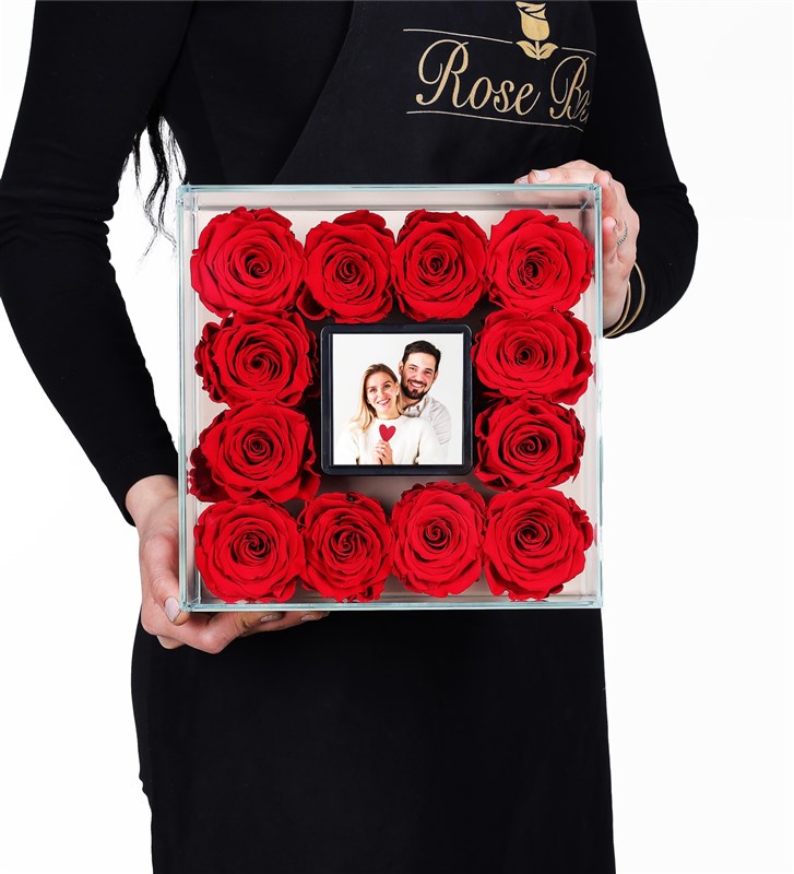 12 Red Everlasting Roses in a Personalized Glass Box with Photo