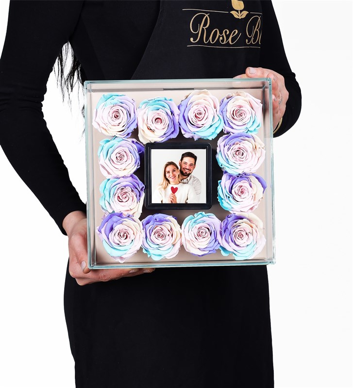 Personalized Glass Box with Photo, 12 Powder Rainbow Everlasting Roses