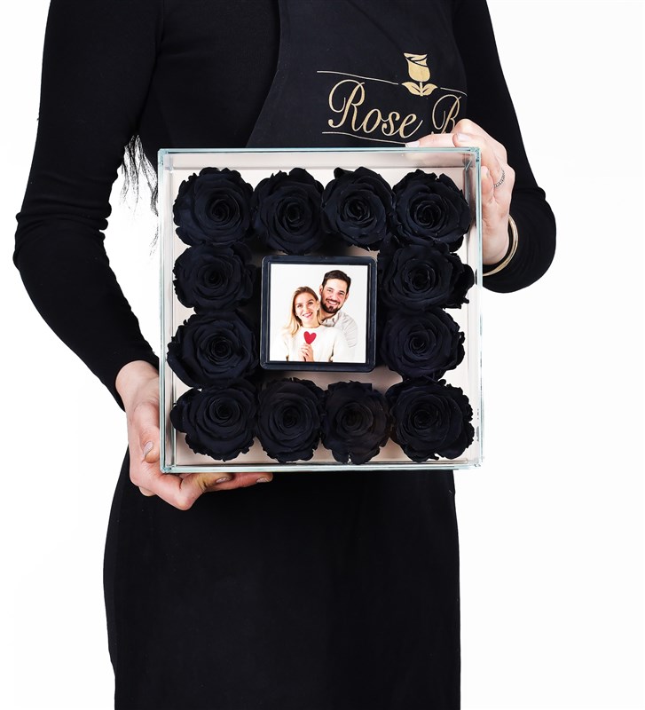 12 Black Everlasting Roses in a Personalized Glass Box with Photo