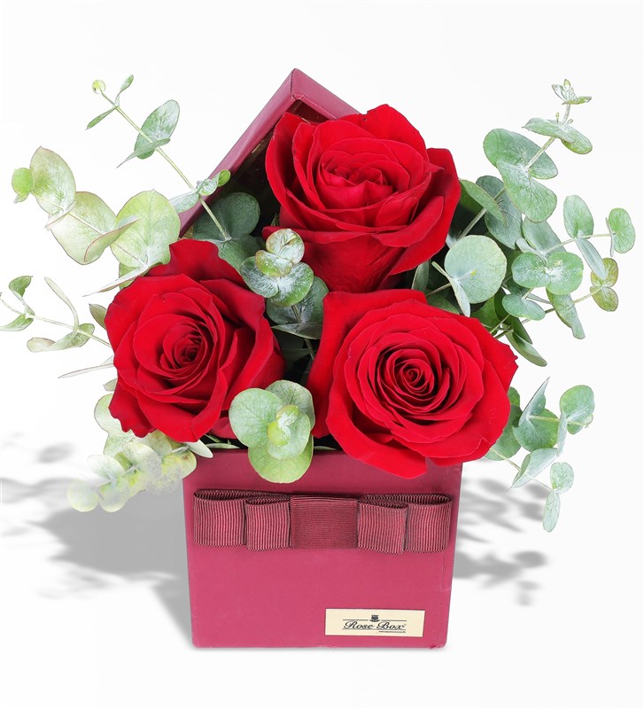 Three Red Roses in a Burgundy Box