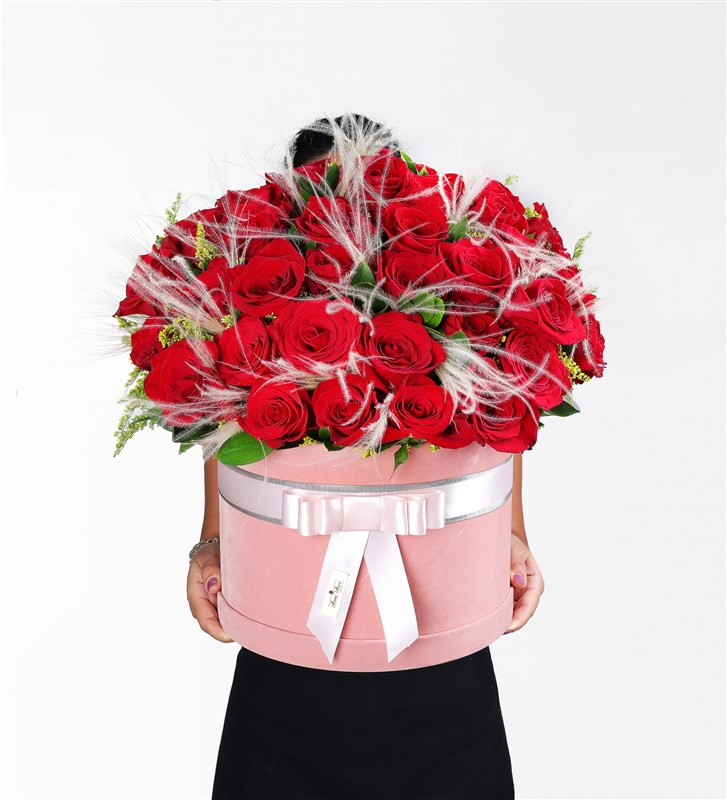 41 Red Roses and Pink Stippa in a Pink Velvet Box