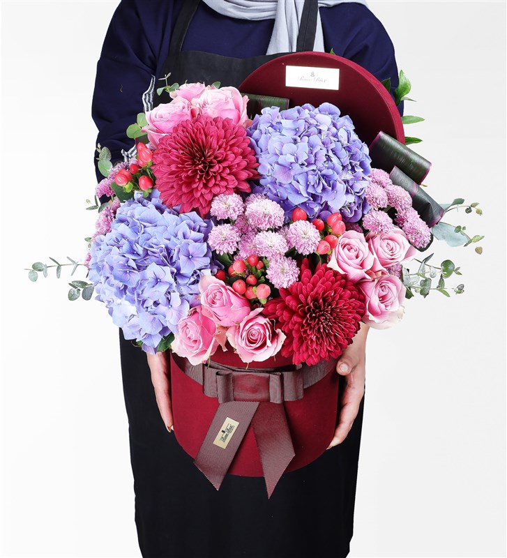 Purple Hydrangeas, Anastasia, and Pink Roses in a Burgundy Box