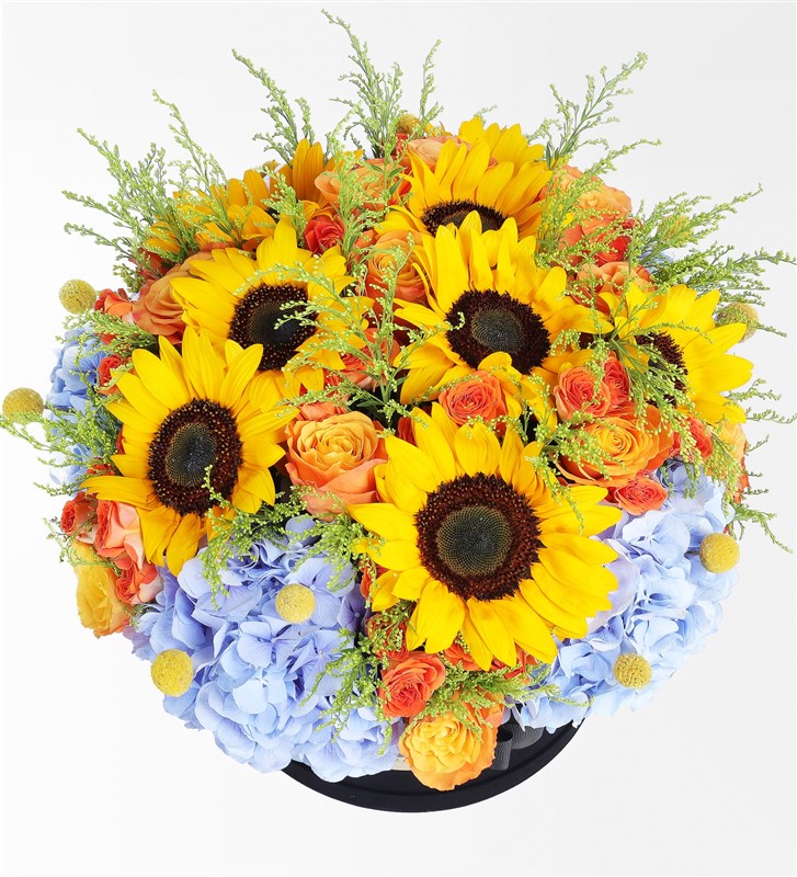 Carnaval - Panoramic Sunflower and Hydrangea Arrangement