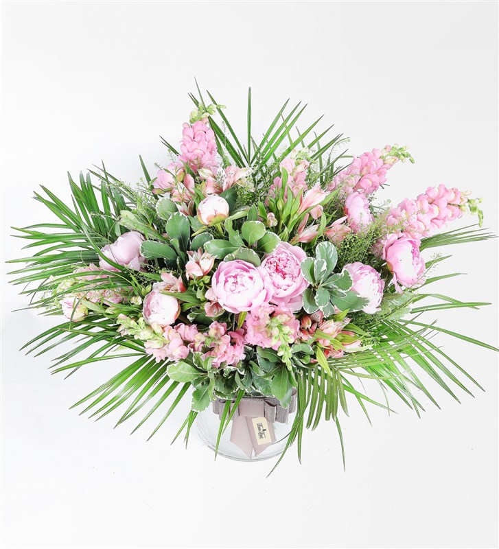 Pink Flower Arrangement in a Glass Vase with Peonies, Astomeria, and Snapdragons